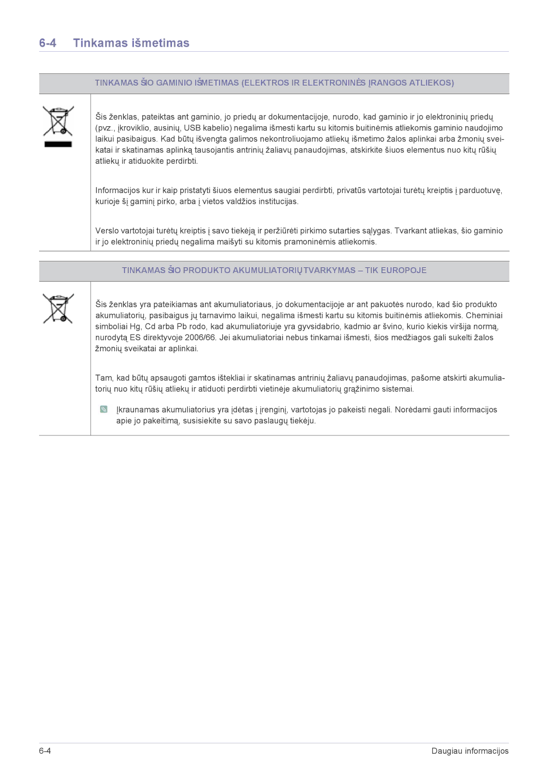 Samsung LS24PTDSF/EN, LS19PTDSF/EN manual Tinkamas išmetimas, Tinkamas ŠIO Produkto Akumuliatoriųtvarkymas TIK Europoje 