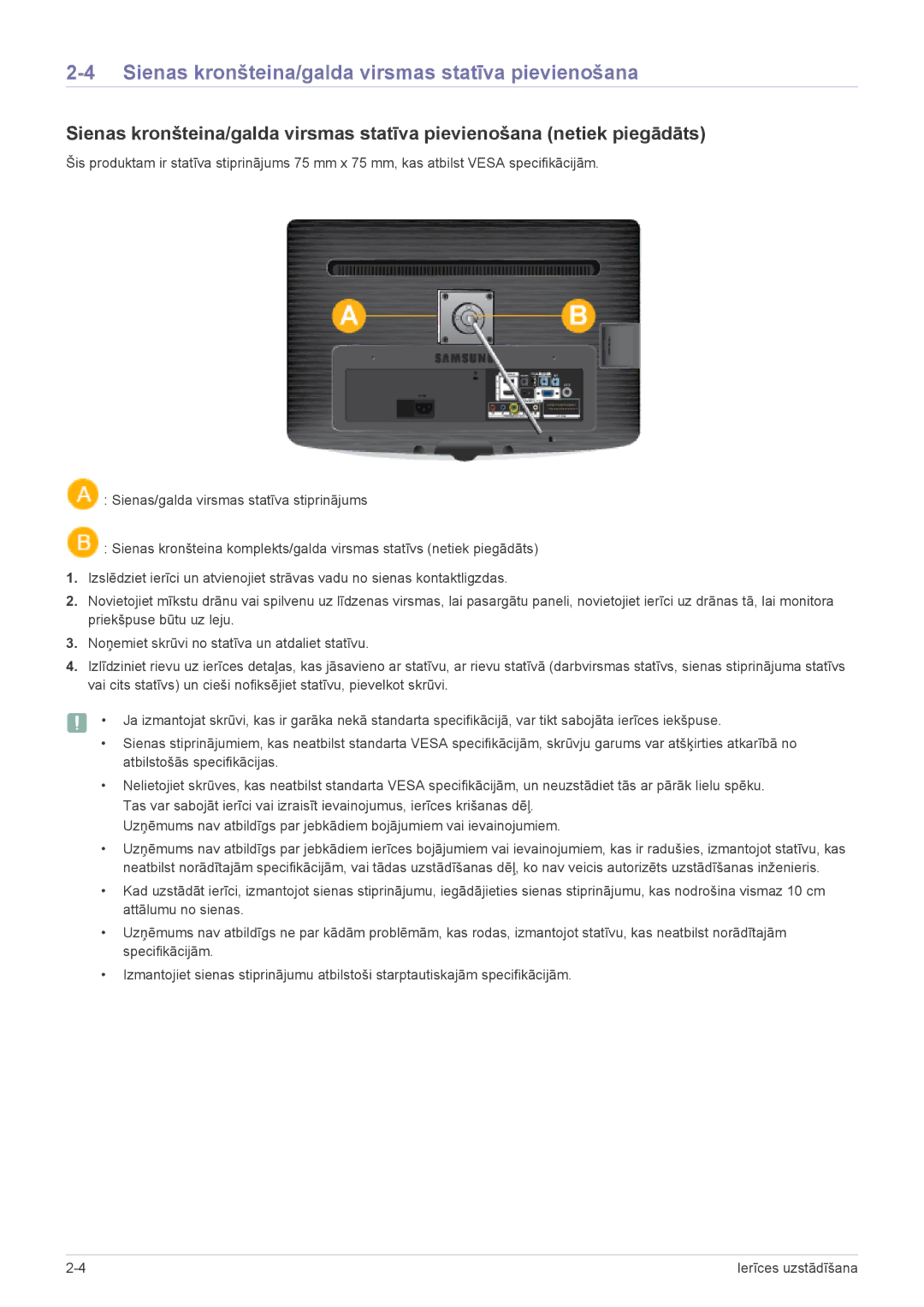 Samsung LS24PTDSF/EN, LS19PTDSF/EN, LS20PTDSF/EN, LS22PTDSF/EN manual Sienas kronšteina/galda virsmas statīva pievienošana 