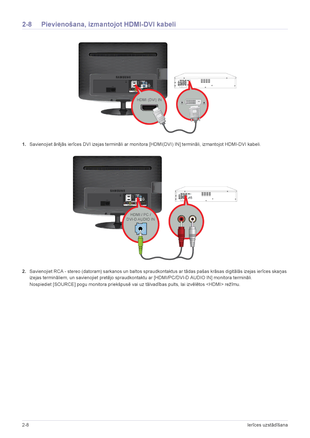 Samsung LS22PTDSF/EN, LS19PTDSF/EN, LS24PTDSF/EN, LS20PTDSF/EN manual Pievienošana, izmantojot HDMI-DVI kabeli 