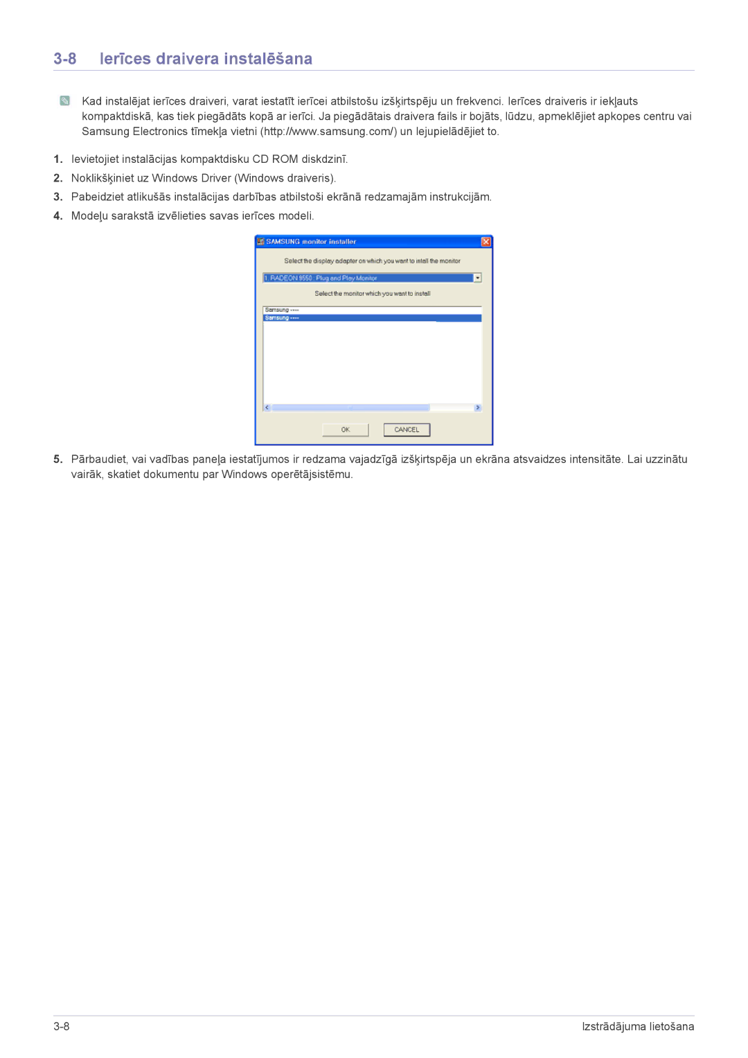 Samsung LS24PTDSF/EN, LS19PTDSF/EN, LS20PTDSF/EN, LS22PTDSF/EN manual Ierīces draivera instalēšana 