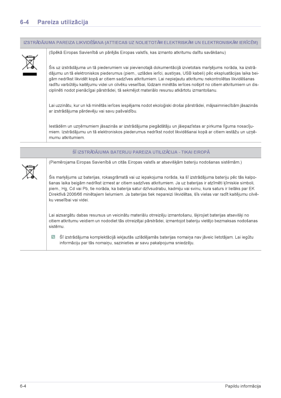 Samsung LS24PTDSF/EN, LS19PTDSF/EN manual Pareiza utilizācija, ŠĪ Izstrādājuma Bateriju Pareiza Utilizācija Tikai Eiropā 