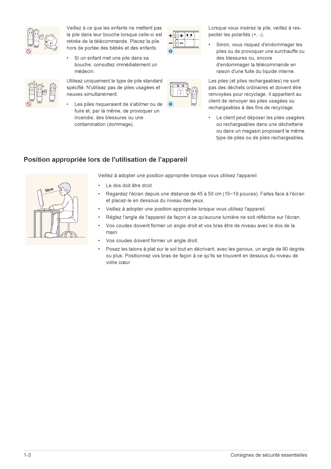 Samsung LS20PTDSF/EN, LS19PTDSF/EN, LS24PTDSF/EN, LS23PTDSF/EN manual Position appropriée lors de lutilisation de lappareil 