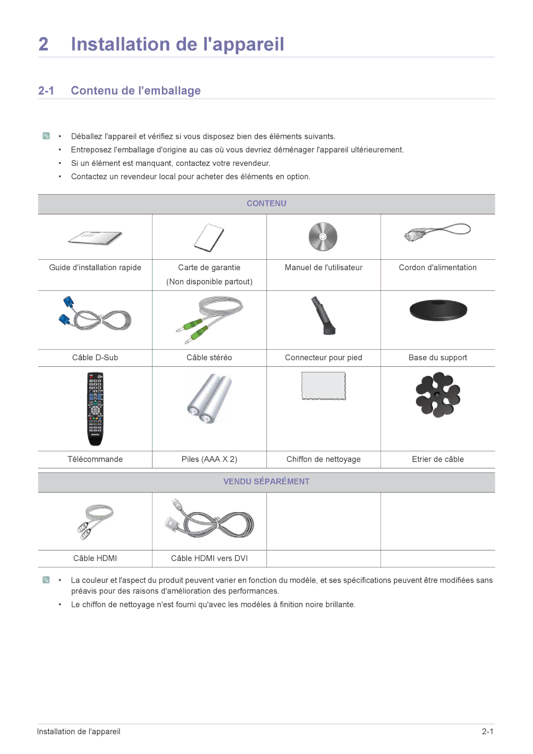 Samsung LS22PTDSF/EN, LS19PTDSF/EN, LS24PTDSF/EN, LS23PTDSF/EN manual Contenu de lemballage, Piles AAA X, Vendu Séparément 