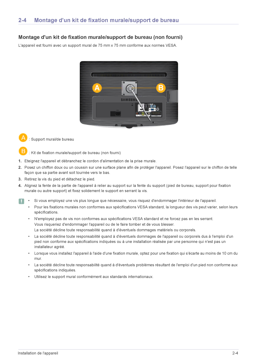 Samsung LS20PTDSF/EN, LS19PTDSF/EN, LS24PTDSF/EN, LS23PTDSF/EN manual Montage dun kit de fixation murale/support de bureau 