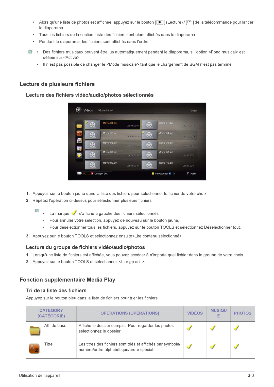 Samsung LS20PTDSF/EN manual Lecture de plusieurs fichiers, Fonction supplémentaire Media Play, Tri de la liste des fichiers 