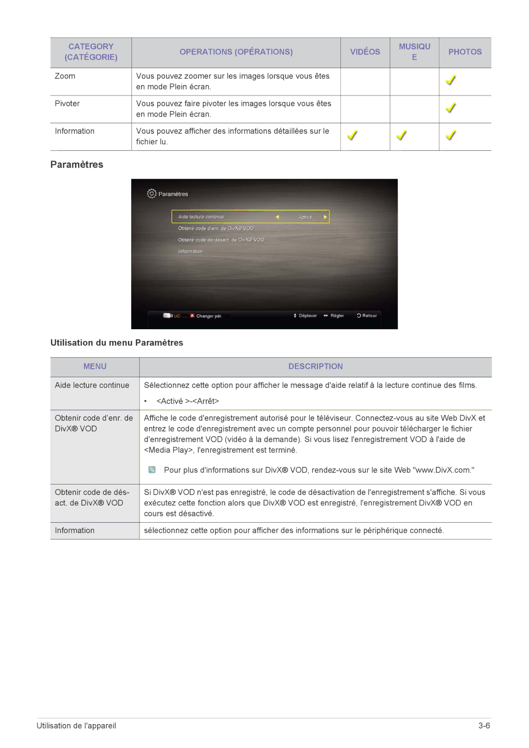 Samsung LS19PTDSF/EN, LS24PTDSF/EN, LS23PTDSF/EN, LS20PTDSF/EN, LS22PTDSF/EN manual Utilisation du menu Paramètres 