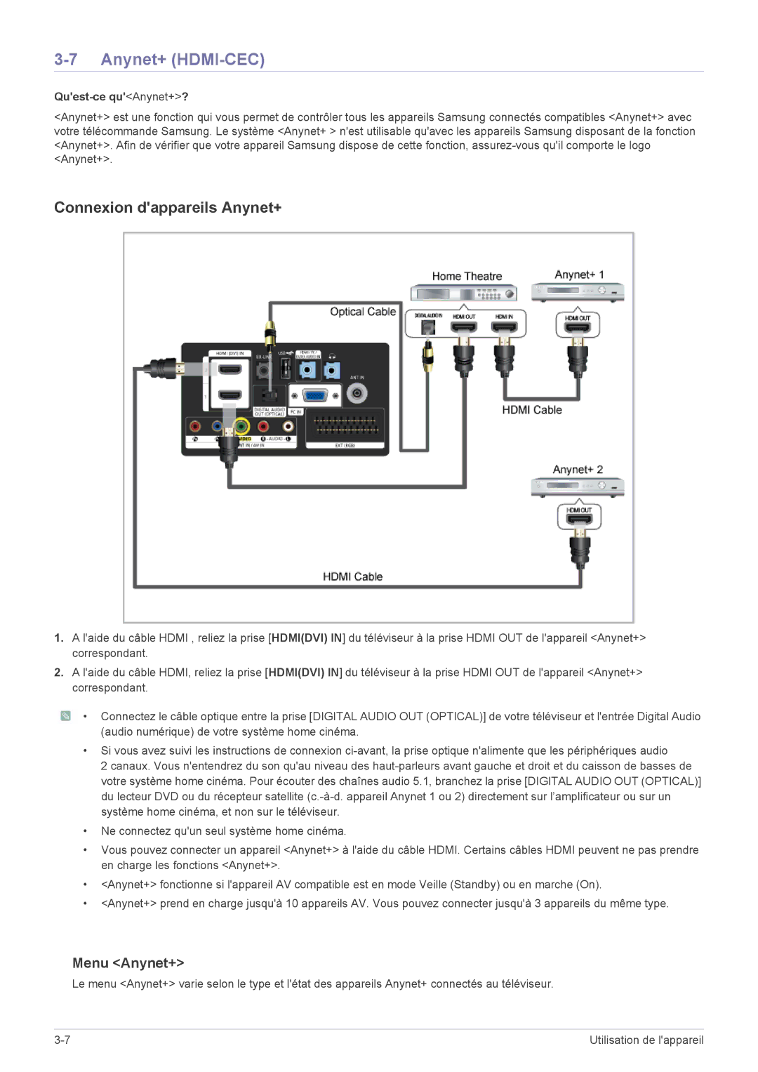 Samsung LS24PTDSF/EN, LS19PTDSF/EN, LS23PTDSF/EN, LS20PTDSF/EN Anynet+ HDMI-CEC, Connexion dappareils Anynet+, Menu Anynet+ 