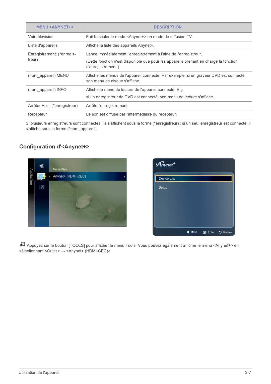 Samsung LS23PTDSF/EN, LS19PTDSF/EN, LS24PTDSF/EN, LS20PTDSF/EN, LS22PTDSF/EN Configuration dAnynet+, Menu ANYNET+ Description 