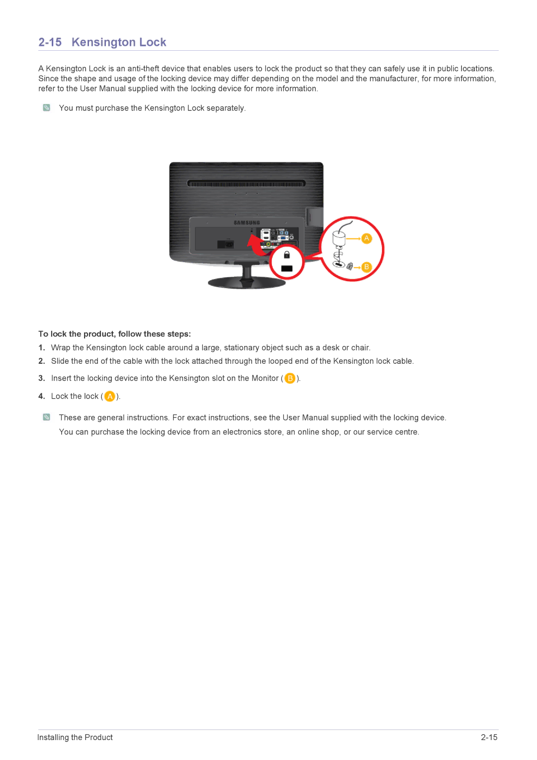 Samsung LS23PTDSF/XE, LS19PTDSF/EN, LS24PTDSF/EN, LS23PTDSF/EN manual Kensington Lock, To lock the product, follow these steps 