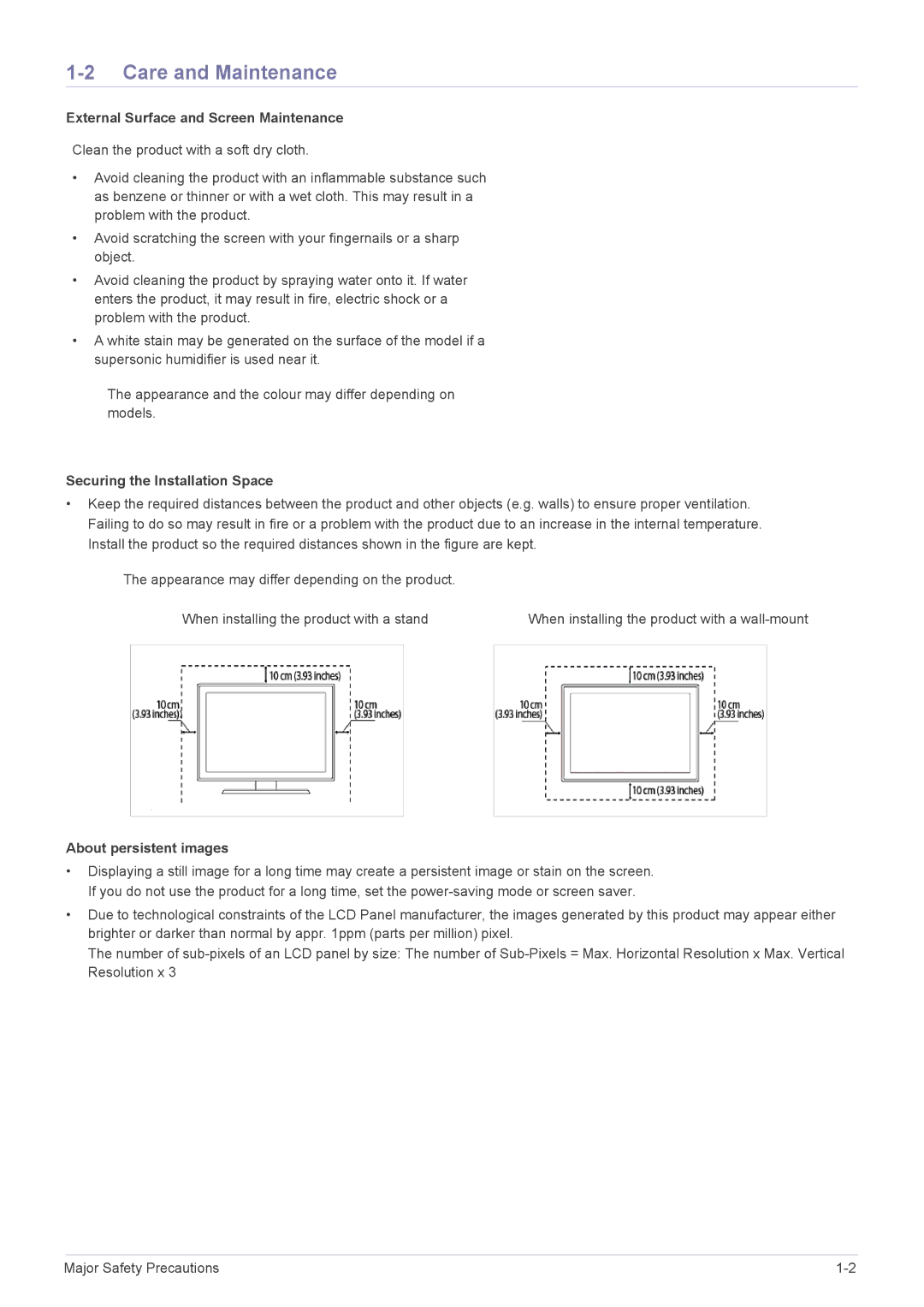 Samsung LS23PTDSF/XE manual Care and Maintenance, External Surface and Screen Maintenance, Securing the Installation Space 