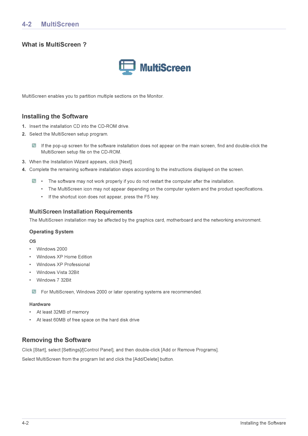 Samsung LS24PTDSF/EN, LS19PTDSF/EN, LS23PTDSF/EN What is MultiScreen ?, Installing the Software, Removing the Software 