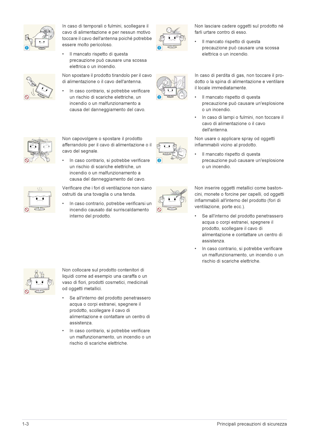 Samsung LS23PTDSF/EN, LS19PTDSF/EN, LS24PTDSF/EN, LS20PTDSF/EN, LS22PTDSF/EN manual Principali precauzioni di sicurezza 