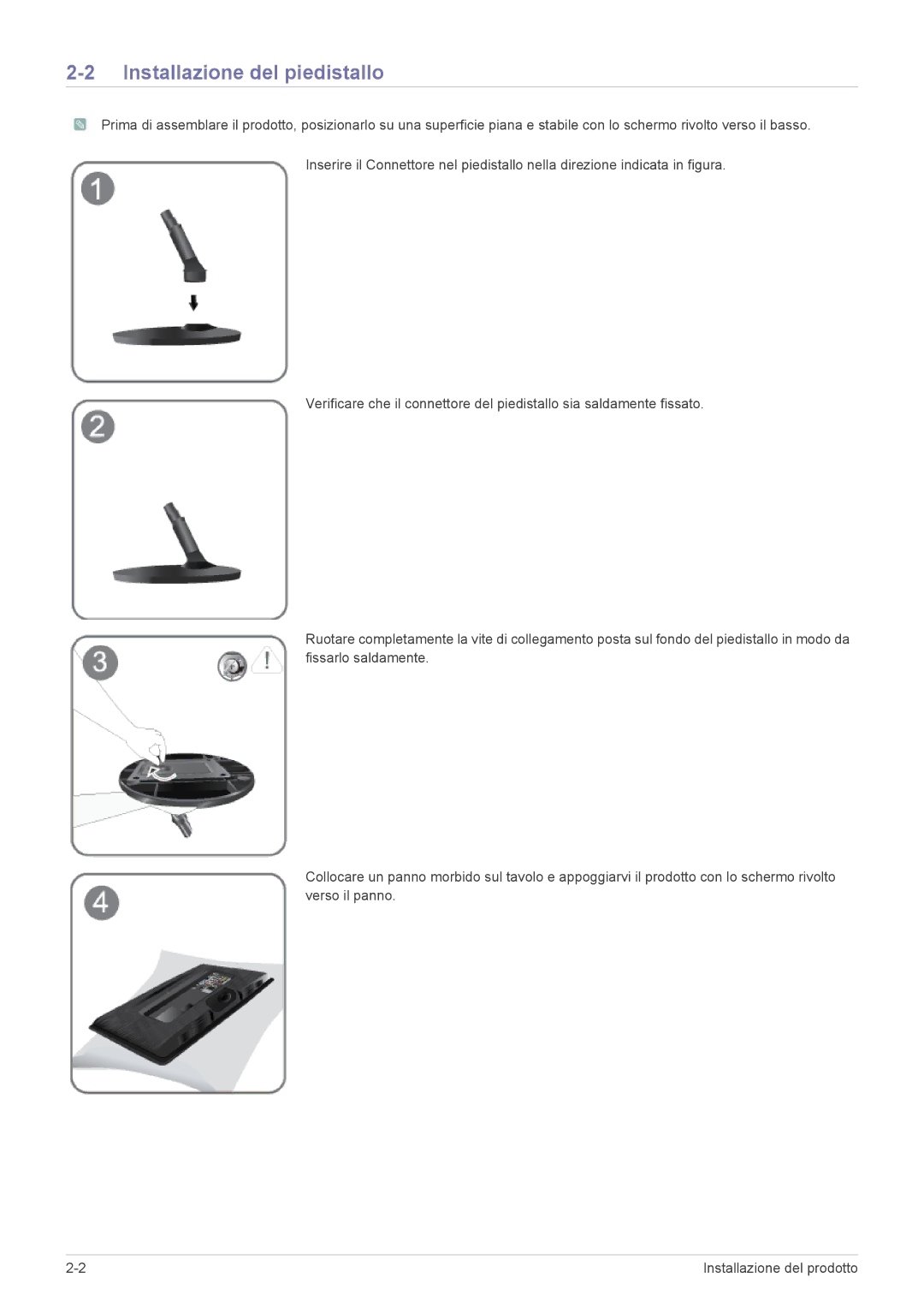 Samsung LS24PTDSF/EN, LS19PTDSF/EN, LS23PTDSF/EN, LS20PTDSF/EN, LS22PTDSF/EN manual Installazione del piedistallo 