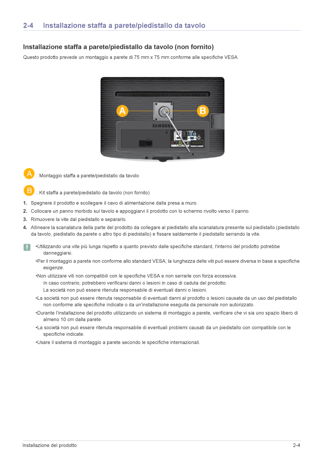 Samsung LS22PTDSF/EN, LS19PTDSF/EN, LS24PTDSF/EN, LS23PTDSF/EN manual Installazione staffa a parete/piedistallo da tavolo 