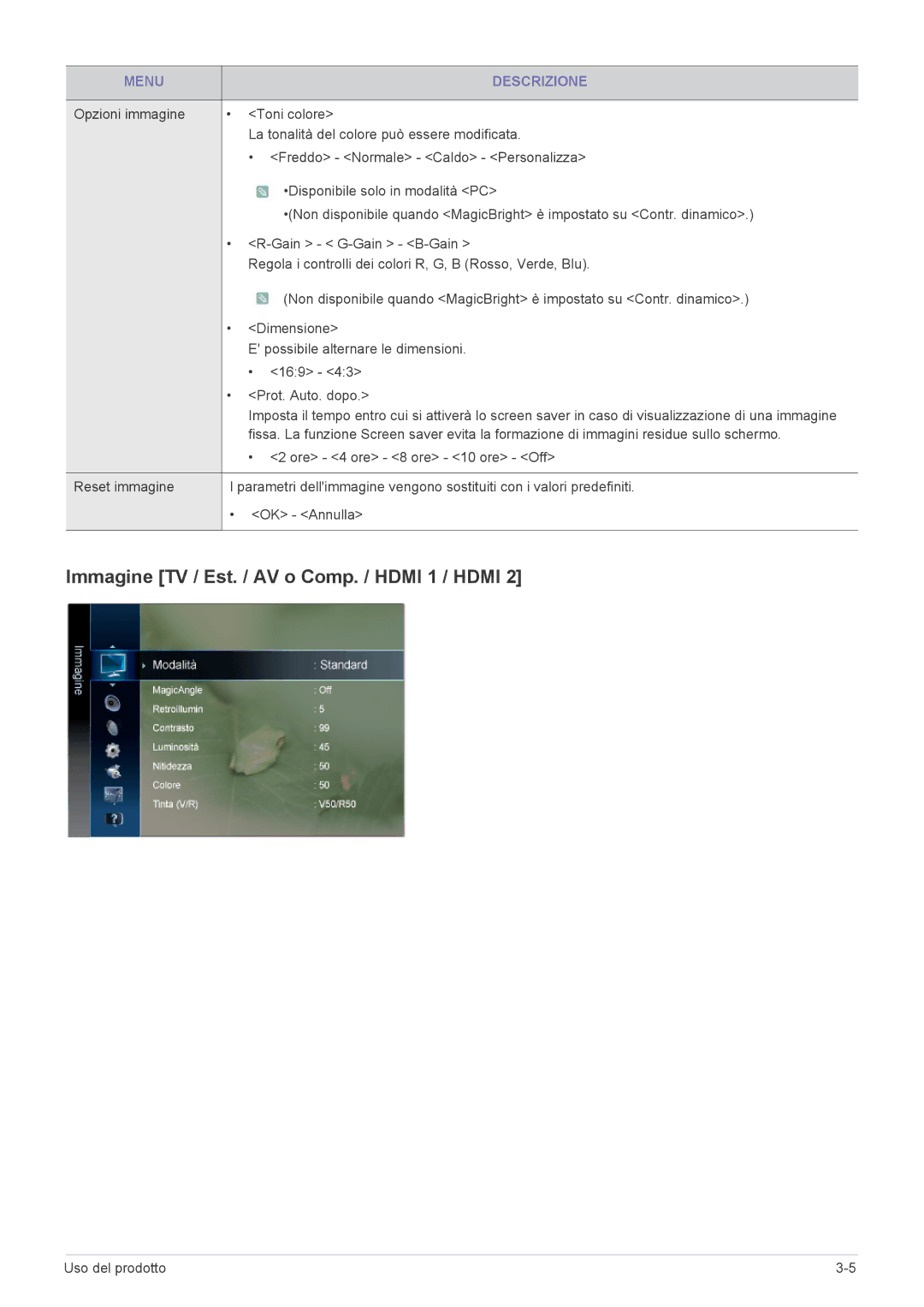 Samsung LS20PTDSF/EN manual Immagine TV / Est. / AV o Comp. / Hdmi 1 / Hdmi, Ore 4 ore 8 ore 10 ore Off Reset immagine 