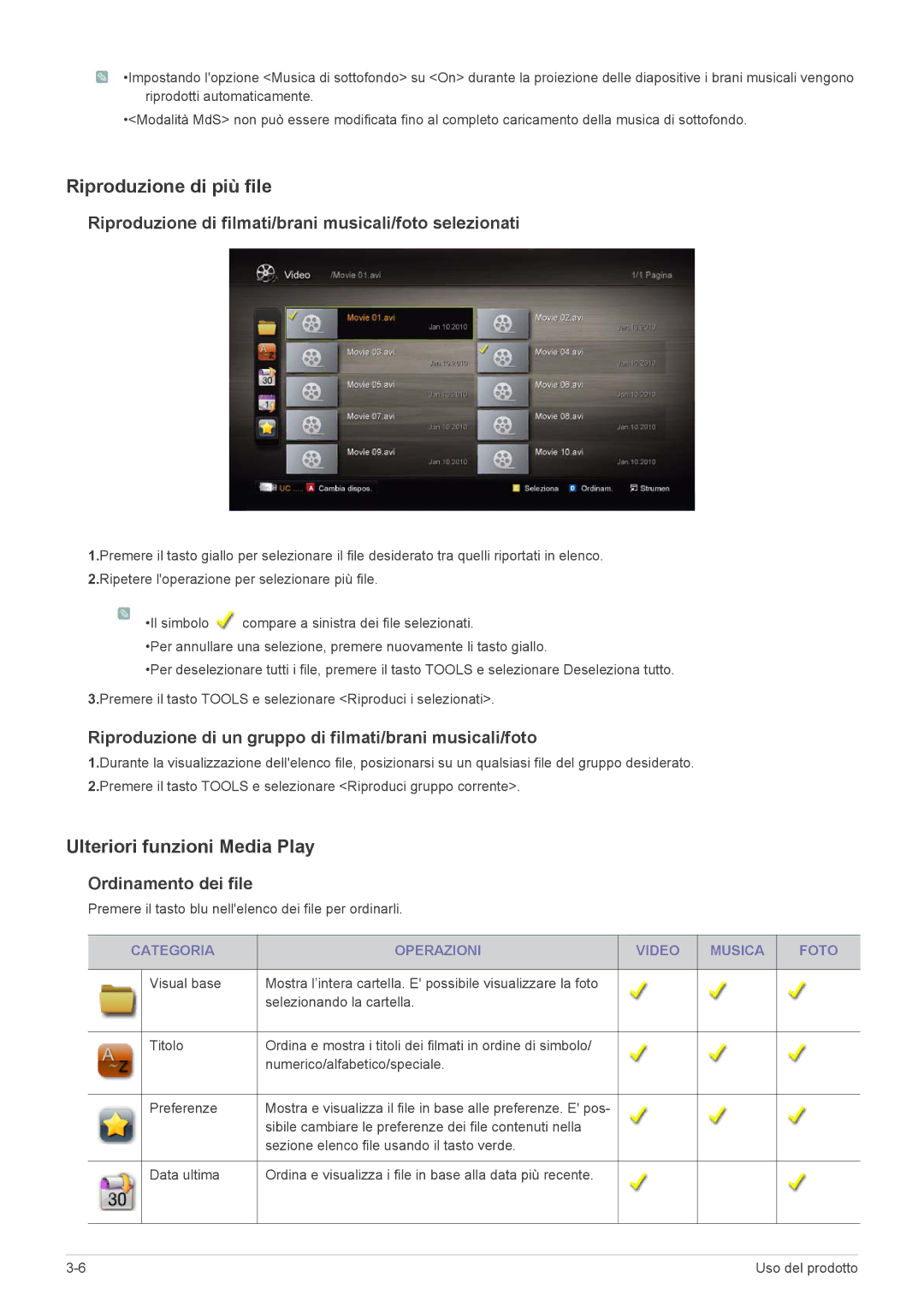 Samsung LS22PTDSF/EN, LS19PTDSF/EN manual Riproduzione di più file, Ulteriori funzioni Media Play, Ordinamento dei file 