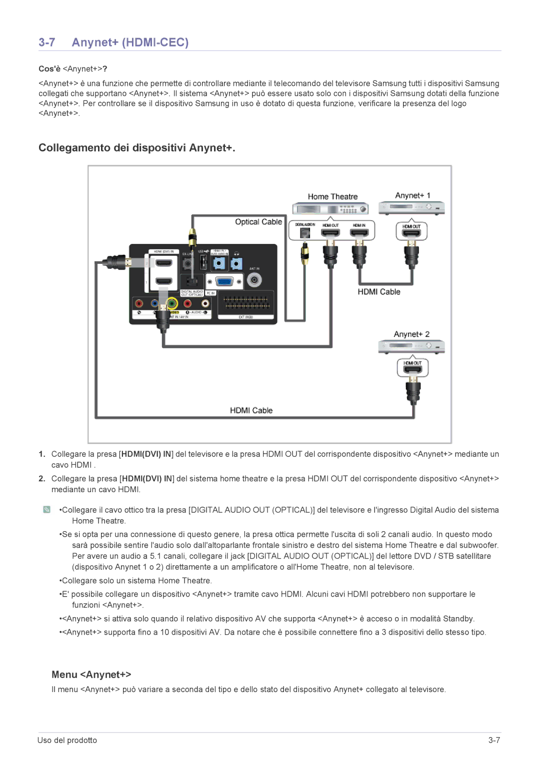 Samsung LS23PTDSF/EN, LS19PTDSF/EN, LS24PTDSF/EN manual Anynet+ HDMI-CEC, Collegamento dei dispositivi Anynet+, Menu Anynet+ 