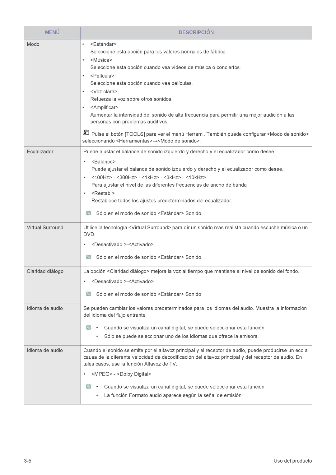 Samsung LS23PTDSF/EN manual Seleccionando Herramientas→Modo de sonido, Del idioma del flujo entrante, Mpeg Dolby Digital 