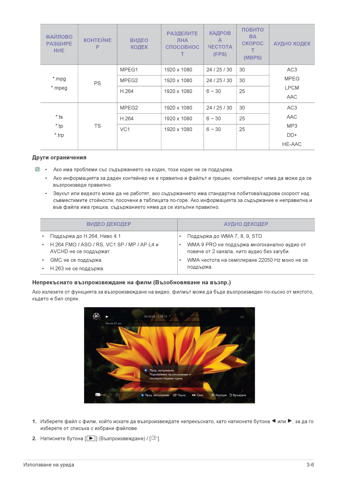 Samsung LS23PTDSF/EN, LS19PTDSF/EN, LS24PTDSF/EN, LS20PTDSF/EN, LS22PTDSF/EN Други ограничения, Видео Декодер Аудио Декодер 