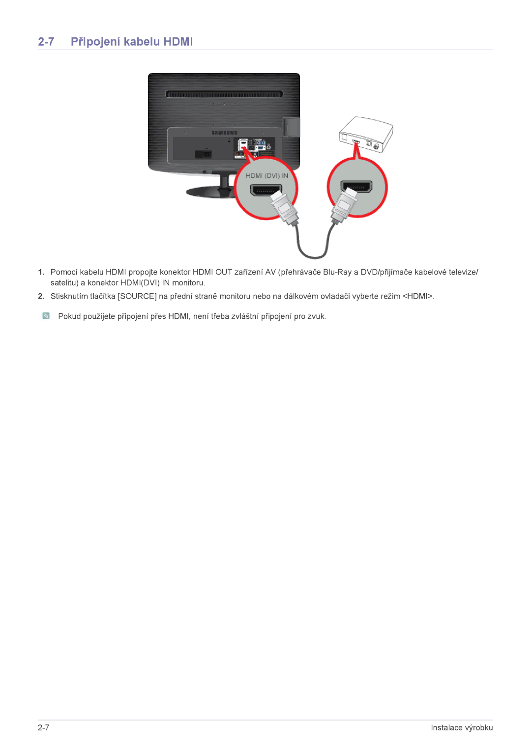 Samsung LS20PTDSF/EN, LS19PTDSF/EN, LS24PTDSF/EN, LS23PTDSF/EN, LS22PTDSF/EN manual Připojení kabelu Hdmi 