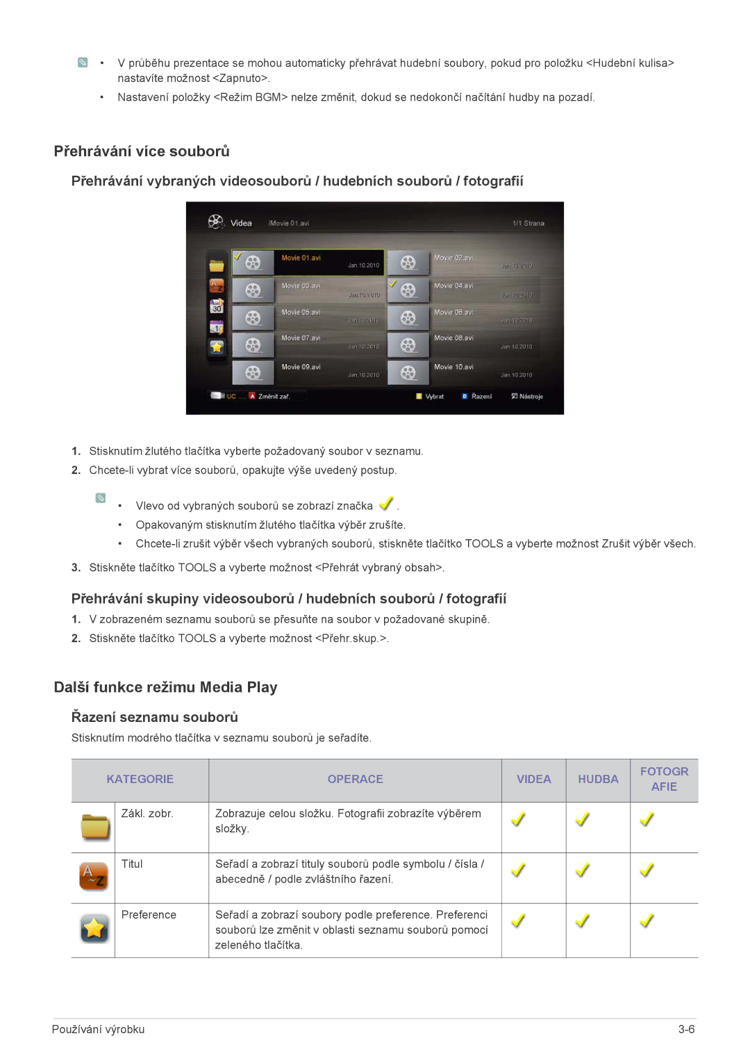 Samsung LS20PTDSF/EN, LS19PTDSF/EN manual Přehrávání více souborů, Další funkce režimu Media Play, Řazení seznamu souborů 