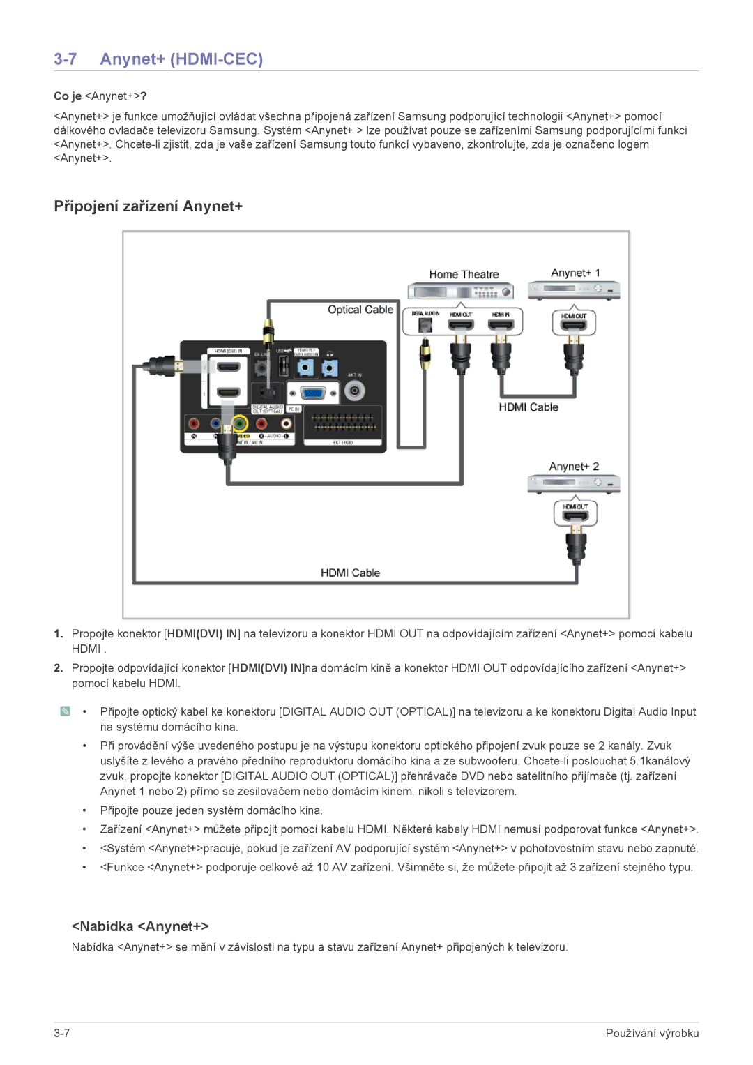 Samsung LS24PTDSF/EN, LS19PTDSF/EN, LS23PTDSF/EN, LS20PTDSF/EN Anynet+ HDMI-CEC, Připojení zařízení Anynet+, Nabídka Anynet+ 