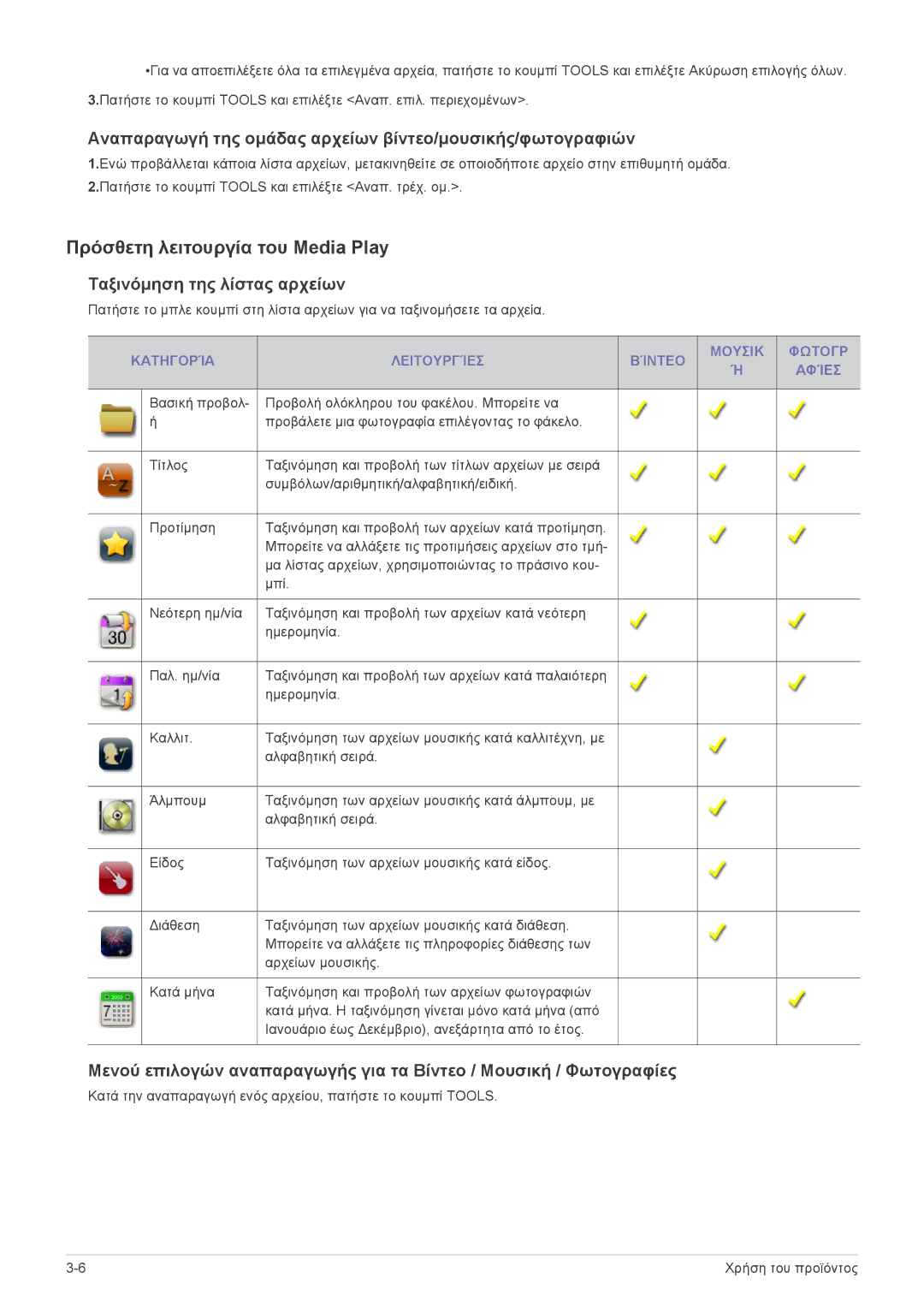 Samsung LS24PTDSF/EN manual Πρόσθετη λειτουργία του Media Play, Αναπαραγωγή της ομάδας αρχείων βίντεο/μουσικής/φωτογραφιών 