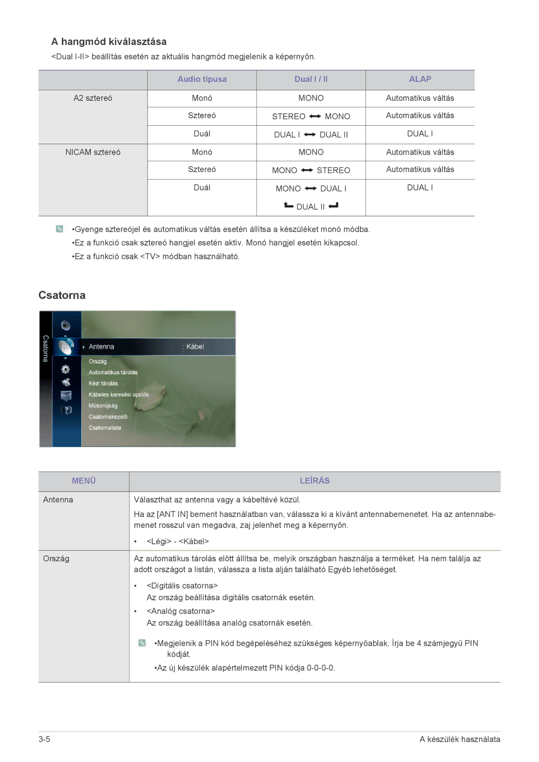 Samsung LS23PTDSF/EN, LS19PTDSF/EN, LS24PTDSF/EN, LS20PTDSF/EN, LS22PTDSF/EN manual Csatorna, Hangmód kiválasztása, Alap 