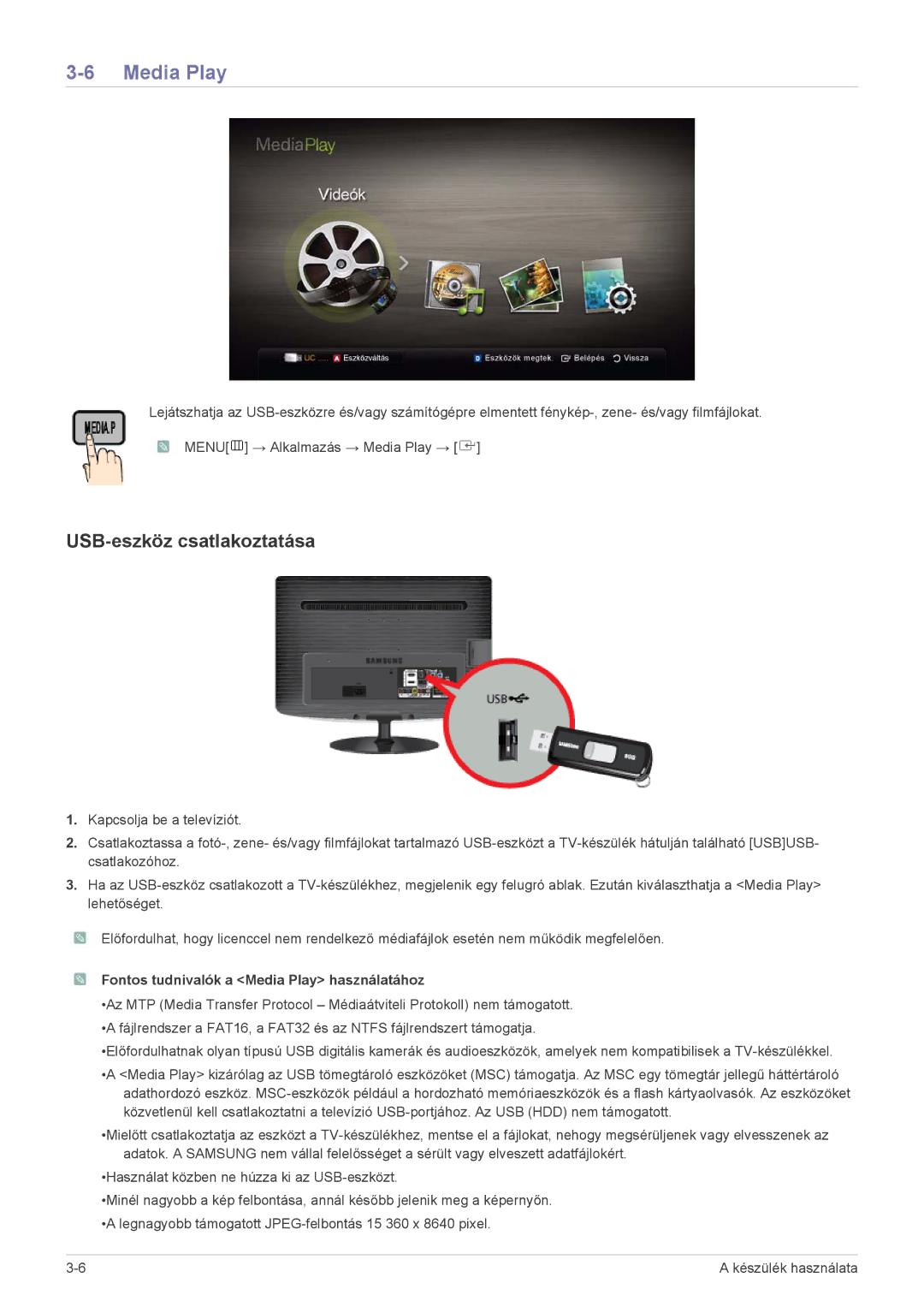 Samsung LS19PTDSF/EN, LS24PTDSF/EN manual USB-eszköz csatlakoztatása, Fontos tudnivalók a Media Play használatához 