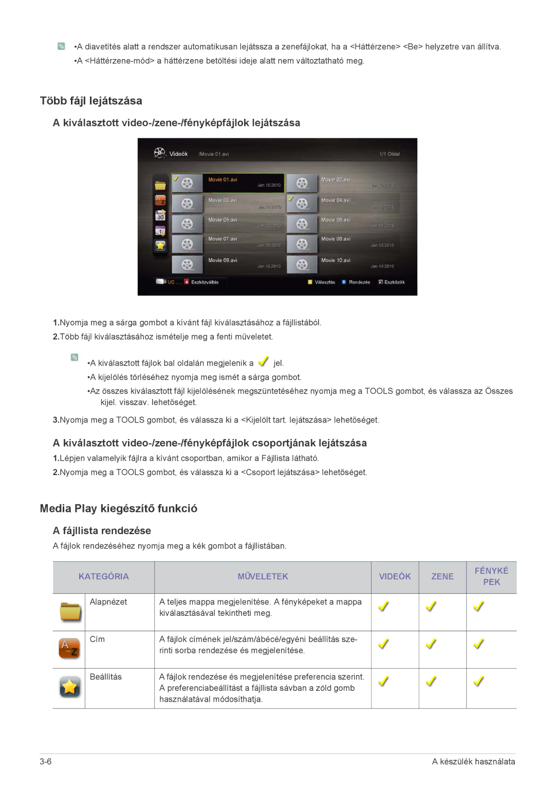 Samsung LS19PTDSF/EN, LS24PTDSF/EN, LS23PTDSF/EN Több fájl lejátszása, Media Play kiegészítő funkció, Fájllista rendezése 