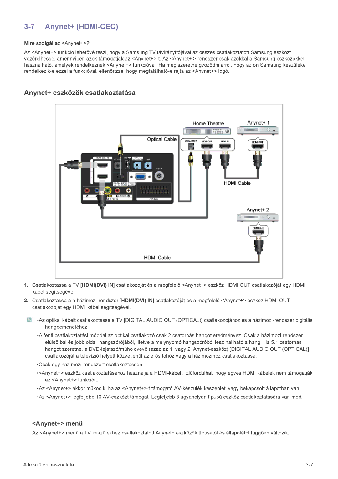 Samsung LS20PTDSF/EN manual Anynet+ HDMI-CEC, Anynet+ eszközök csatlakoztatása, Anynet+ menü, Mire szolgál az Anynet+? 