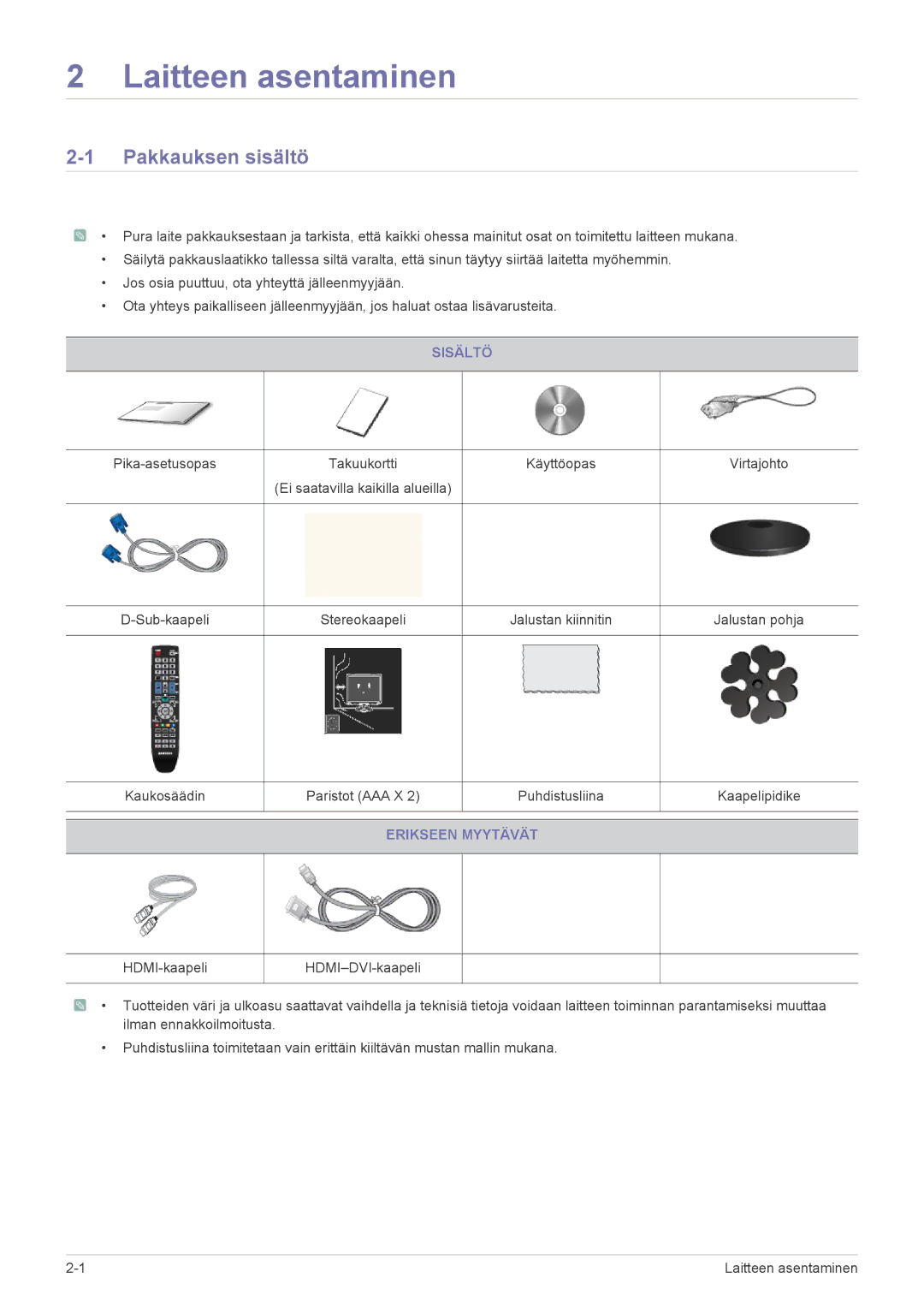 Samsung LS23PTDSF/XE, LS19PTDSF/XE, LS24PTDSF/XE manual Pakkauksen sisältö, Sisältö, Erikseen Myytävät 