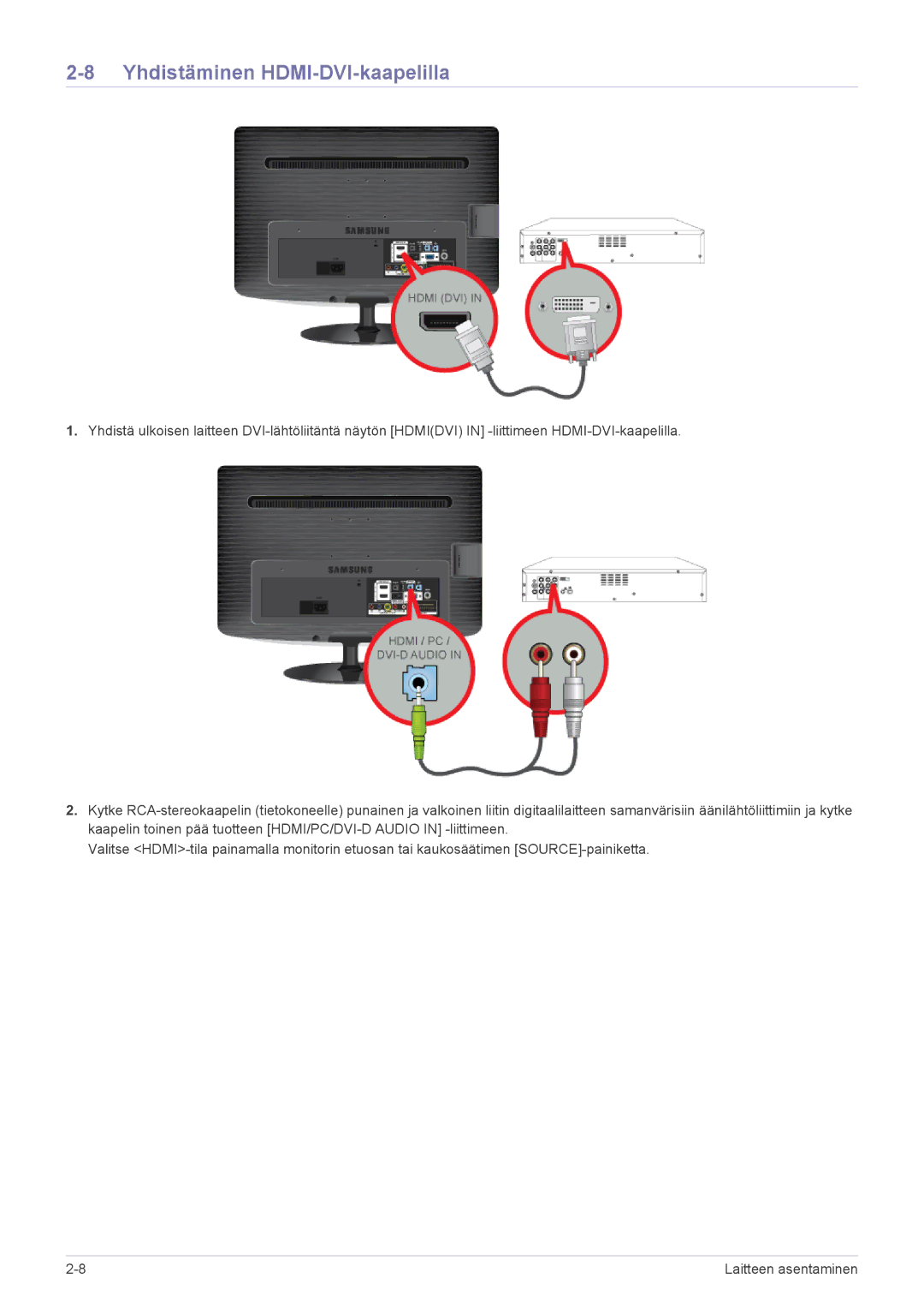 Samsung LS24PTDSF/XE, LS19PTDSF/XE, LS23PTDSF/XE manual Yhdistäminen HDMI-DVI-kaapelilla 