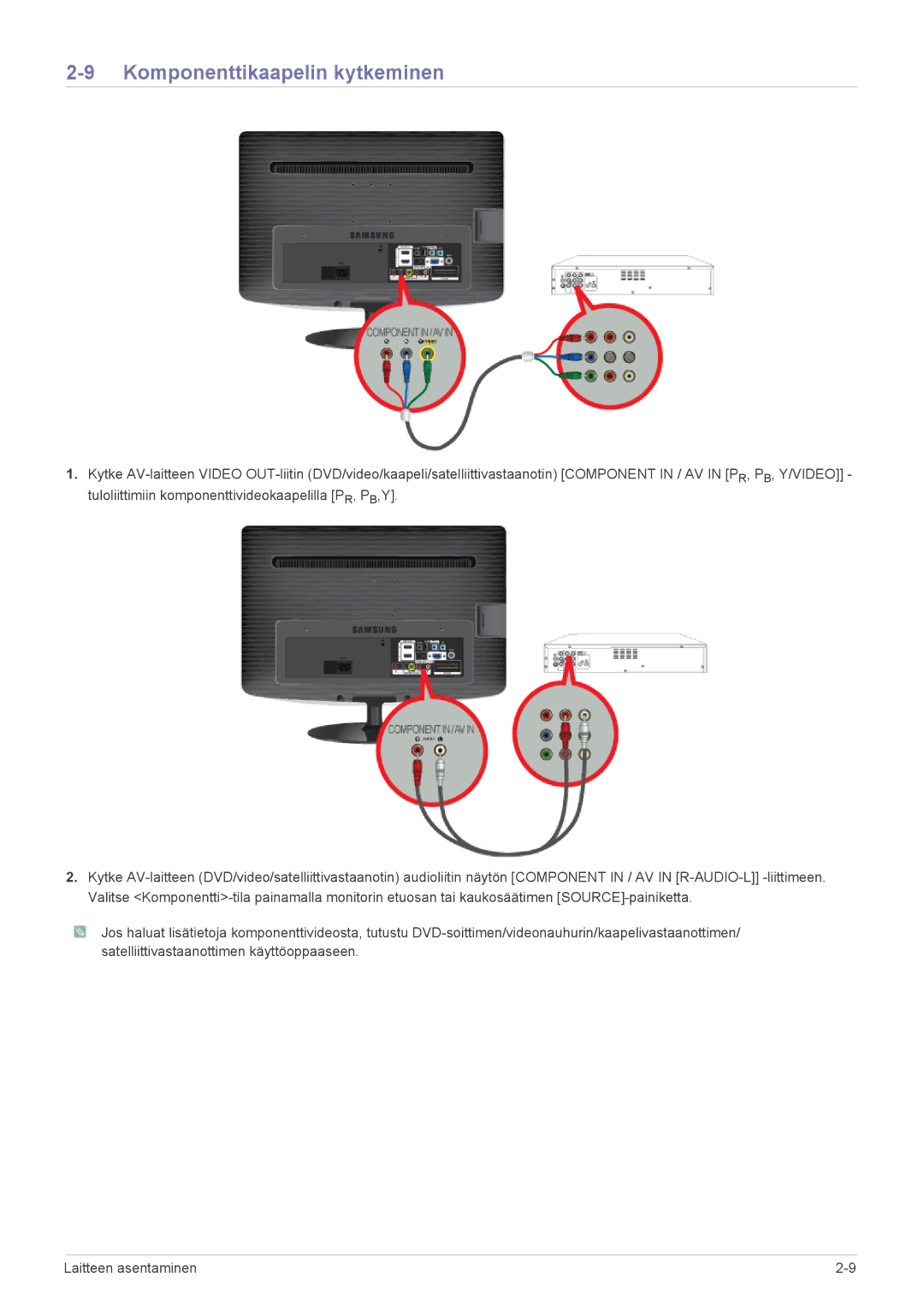 Samsung LS19PTDSF/XE, LS23PTDSF/XE, LS24PTDSF/XE manual Komponenttikaapelin kytkeminen 