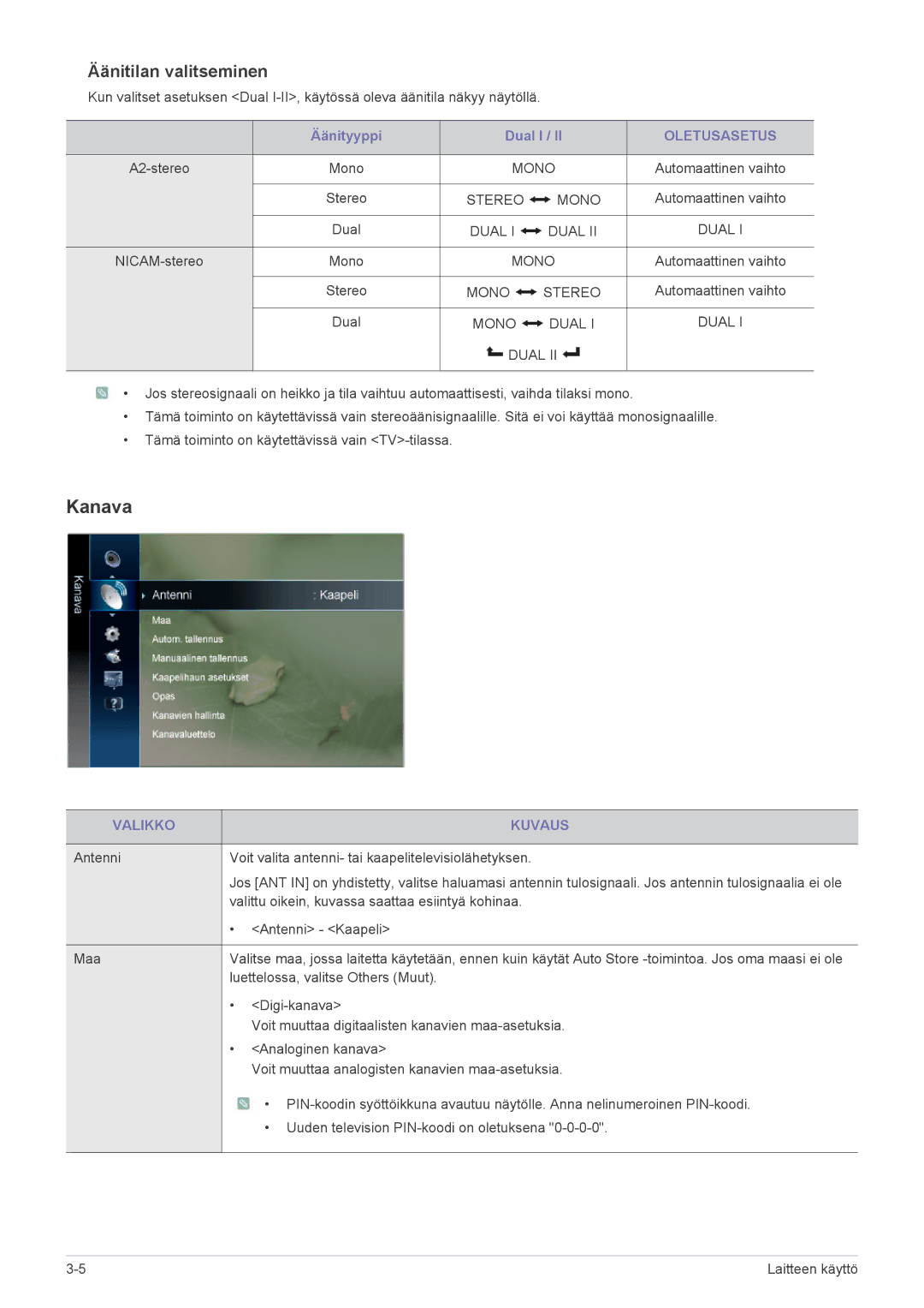 Samsung LS23PTDSF/XE, LS19PTDSF/XE, LS24PTDSF/XE manual Kanava, Äänitilan valitseminen, Oletusasetus 