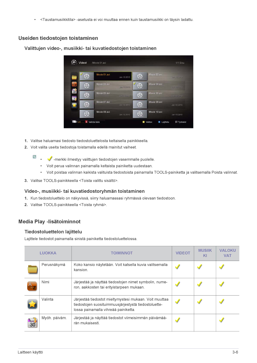 Samsung LS23PTDSF/XE, LS19PTDSF/XE Useiden tiedostojen toistaminen, Media Play -lisätoiminnot, Tiedostoluettelon lajittelu 