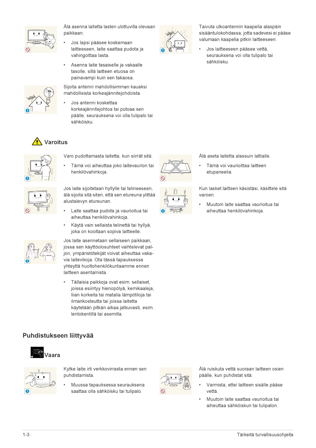 Samsung LS19PTDSF/XE, LS23PTDSF/XE manual Puhdistukseen liittyvää, Kytke laite irti verkkovirrasta ennen sen puhdistamista 