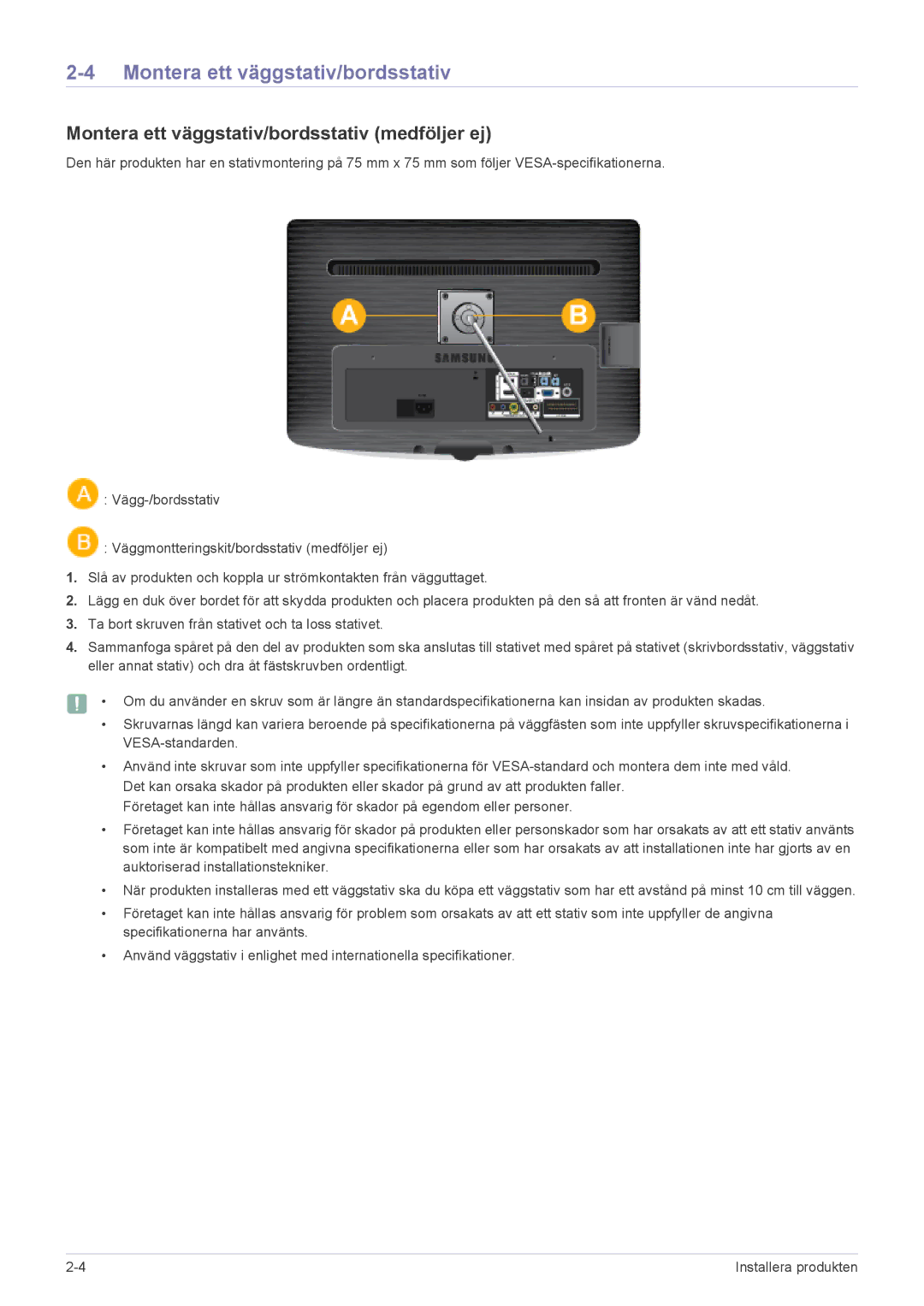 Samsung LS24PTDSF/XE, LS19PTDSF/XE, LS23PTDSF/XE manual Montera ett väggstativ/bordsstativ medföljer ej 