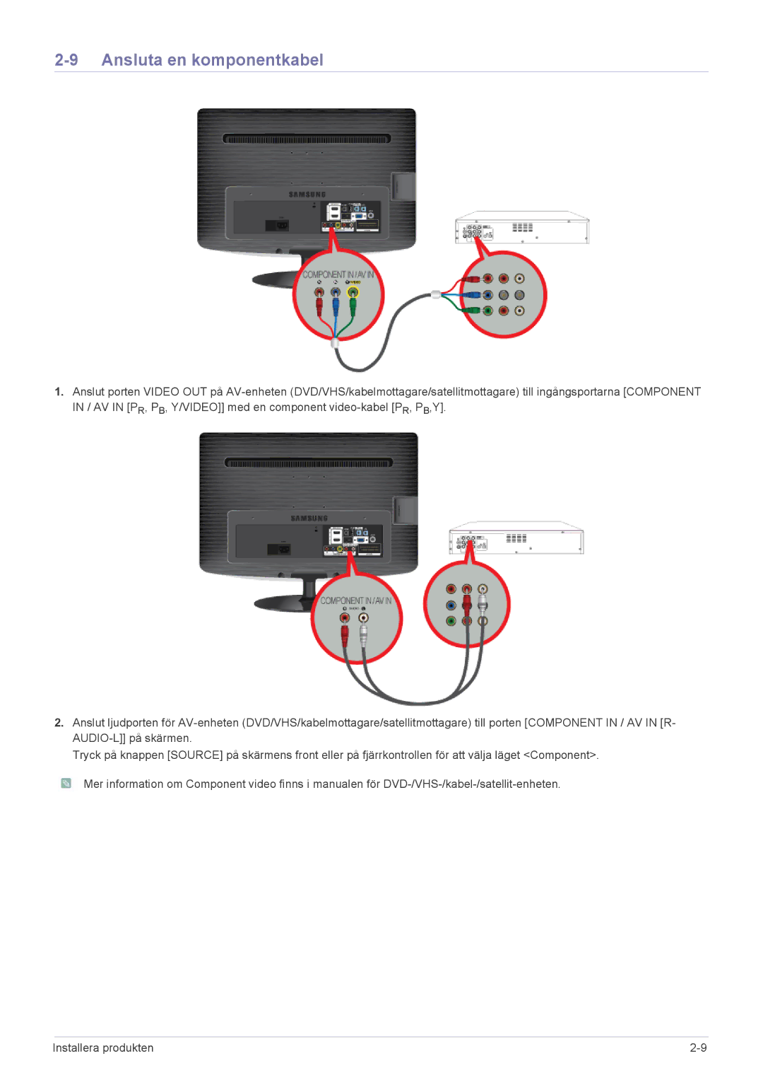 Samsung LS19PTDSF/XE, LS23PTDSF/XE, LS24PTDSF/XE manual Ansluta en komponentkabel 