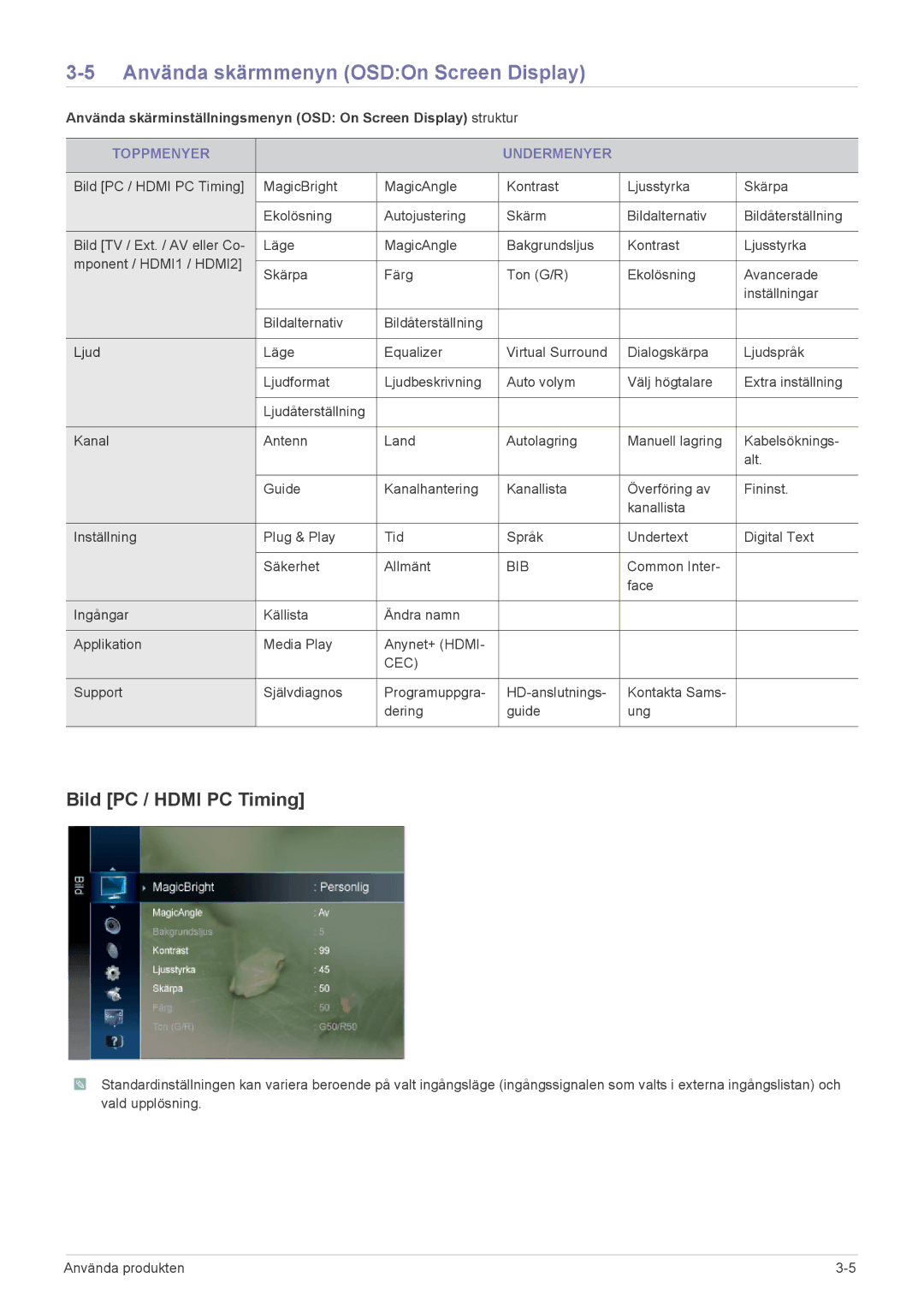 Samsung LS24PTDSF/XE manual Använda skärmmenyn OSDOn Screen Display, Bild PC / Hdmi PC Timing, Toppmenyer Undermenyer 