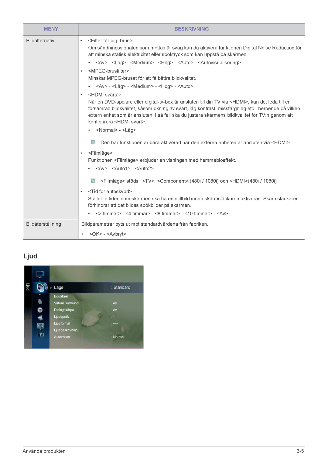 Samsung LS23PTDSF/XE, LS19PTDSF/XE, LS24PTDSF/XE manual Ljud, Bildalternativ Filter för dig. brus 