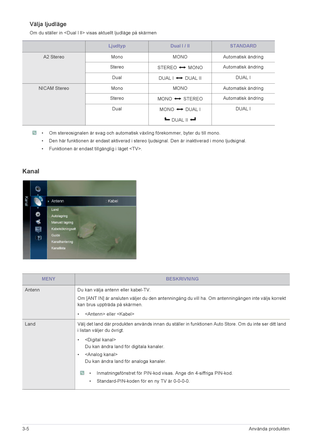 Samsung LS23PTDSF/XE, LS19PTDSF/XE, LS24PTDSF/XE manual Kanal, Välja ljudläge, Standard 