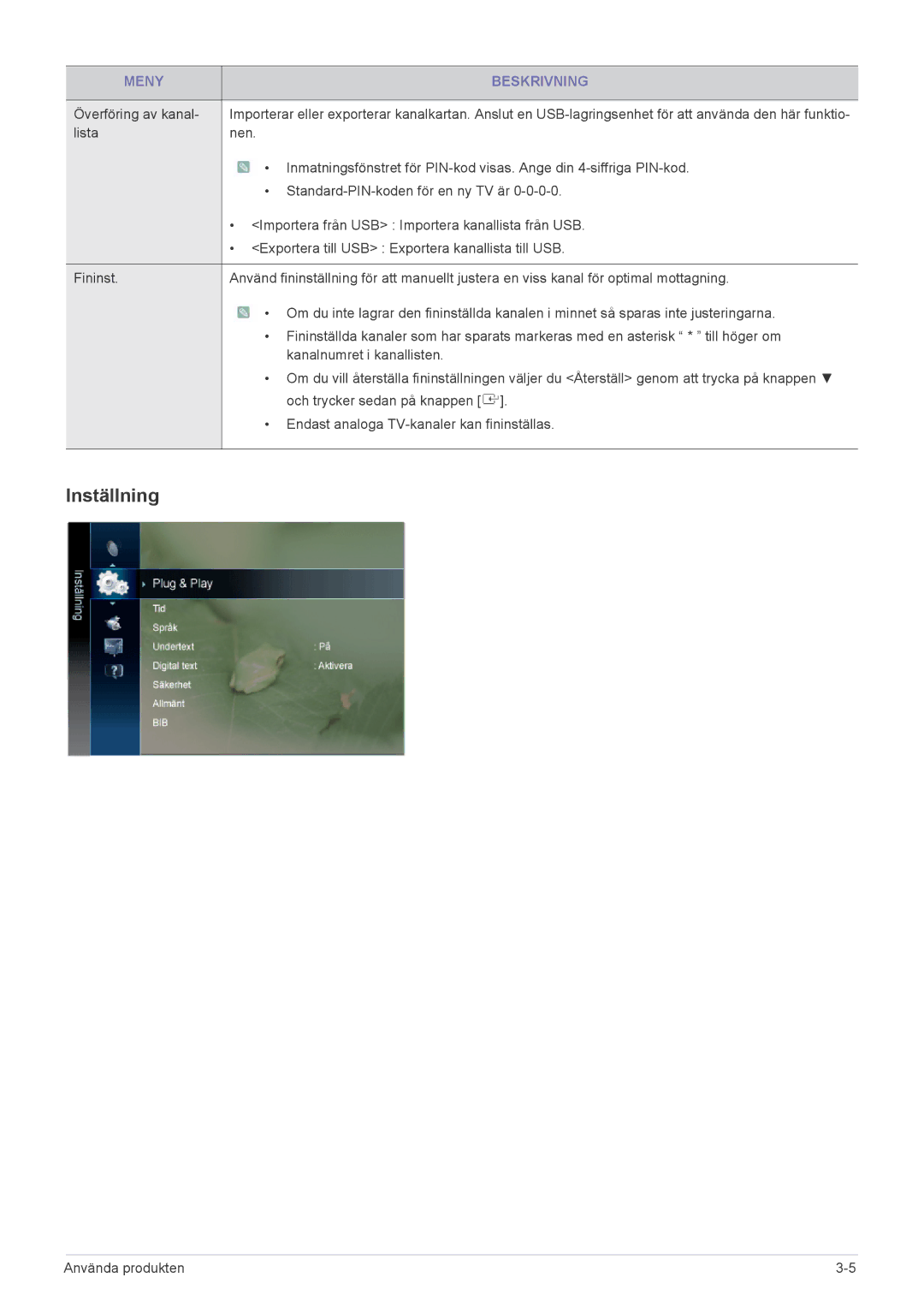 Samsung LS19PTDSF/XE, LS23PTDSF/XE, LS24PTDSF/XE manual Inställning, Överföring av kanal 