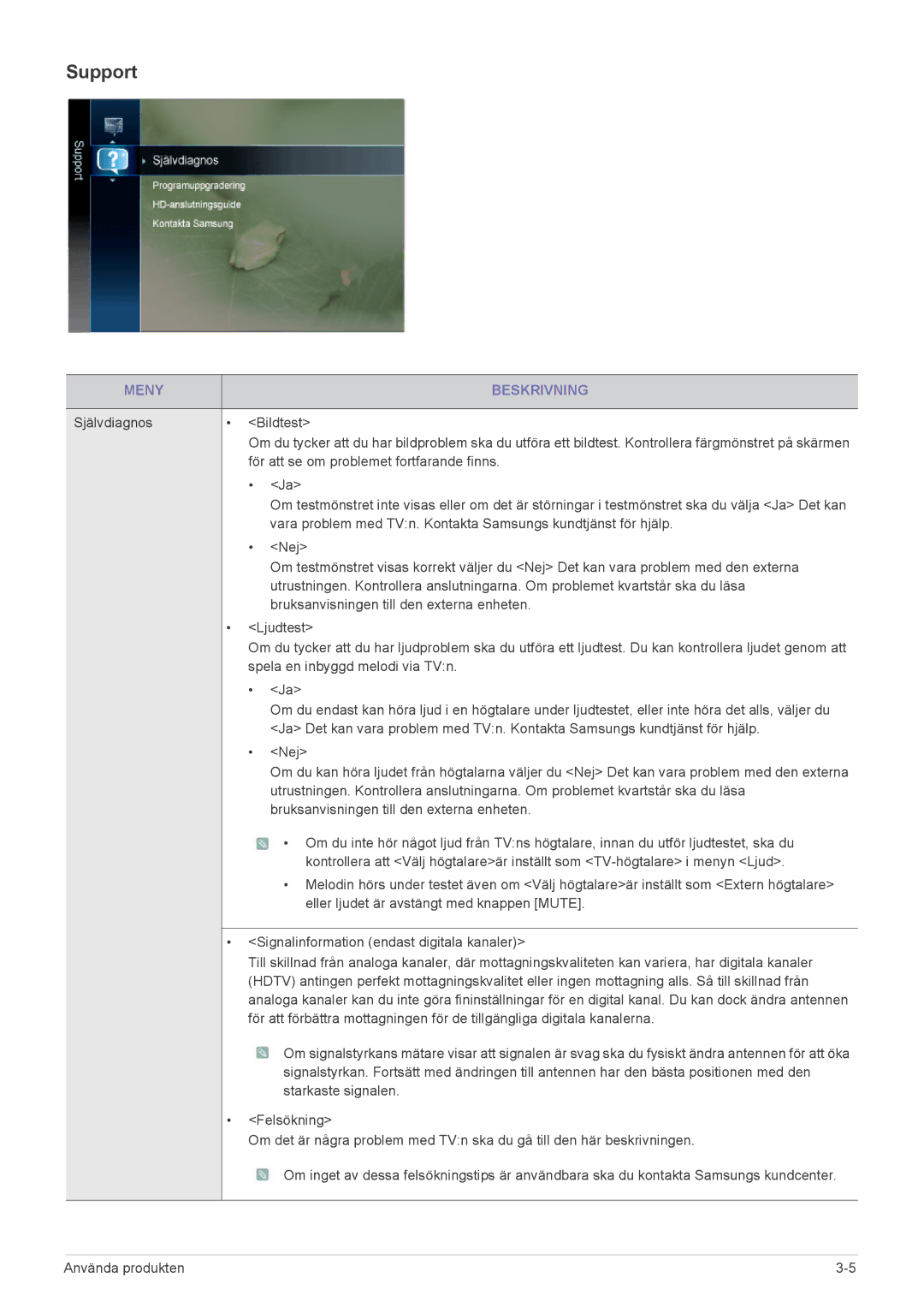 Samsung LS24PTDSF/XE, LS19PTDSF/XE, LS23PTDSF/XE manual Support, Självdiagnos Bildtest 