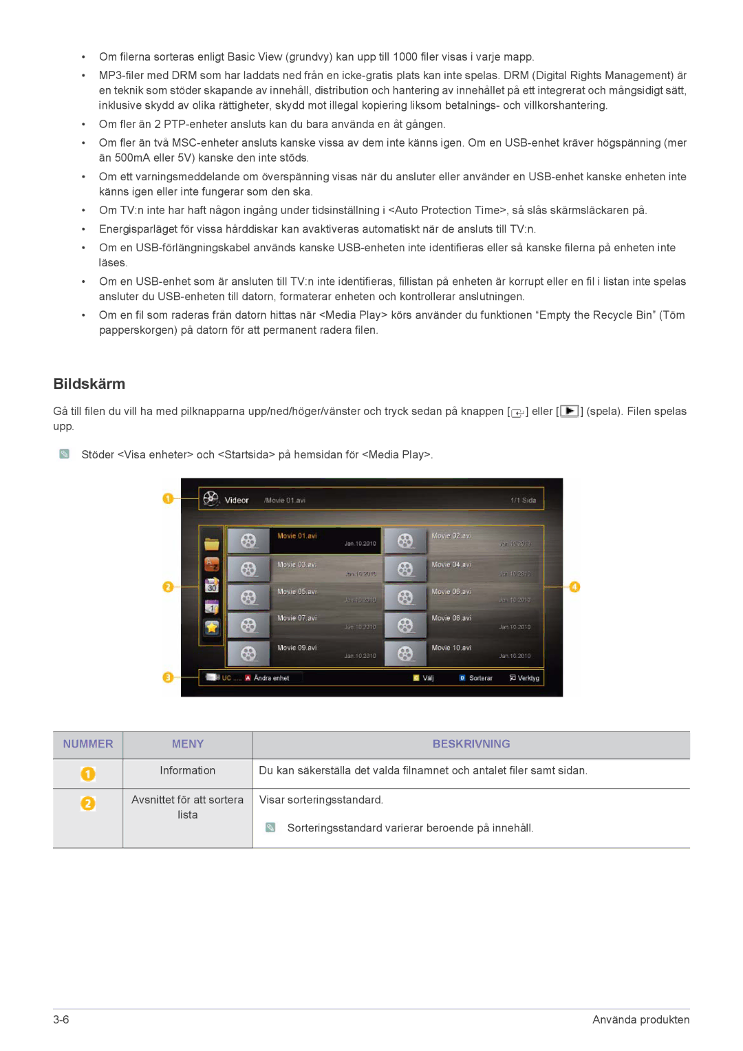 Samsung LS24PTDSF/XE, LS19PTDSF/XE, LS23PTDSF/XE manual Bildskärm, Nummer Meny Beskrivning 