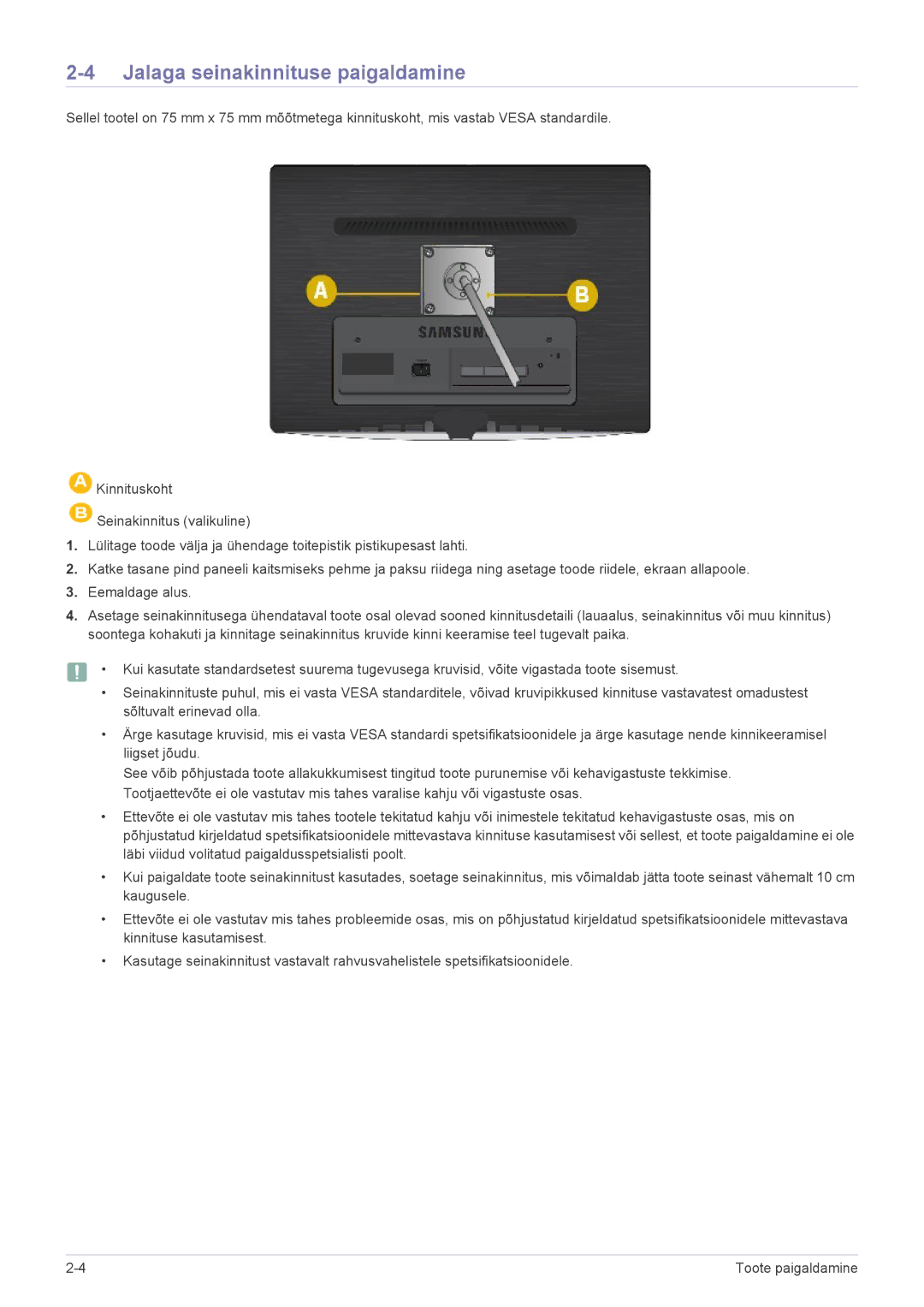 Samsung LS23PUHKF/EN, LS19PUYKF/EN, LS24PULKF/EN, LS20PUYKF/EN, LS19PUYKFUEN manual Jalaga seinakinnituse paigaldamine 