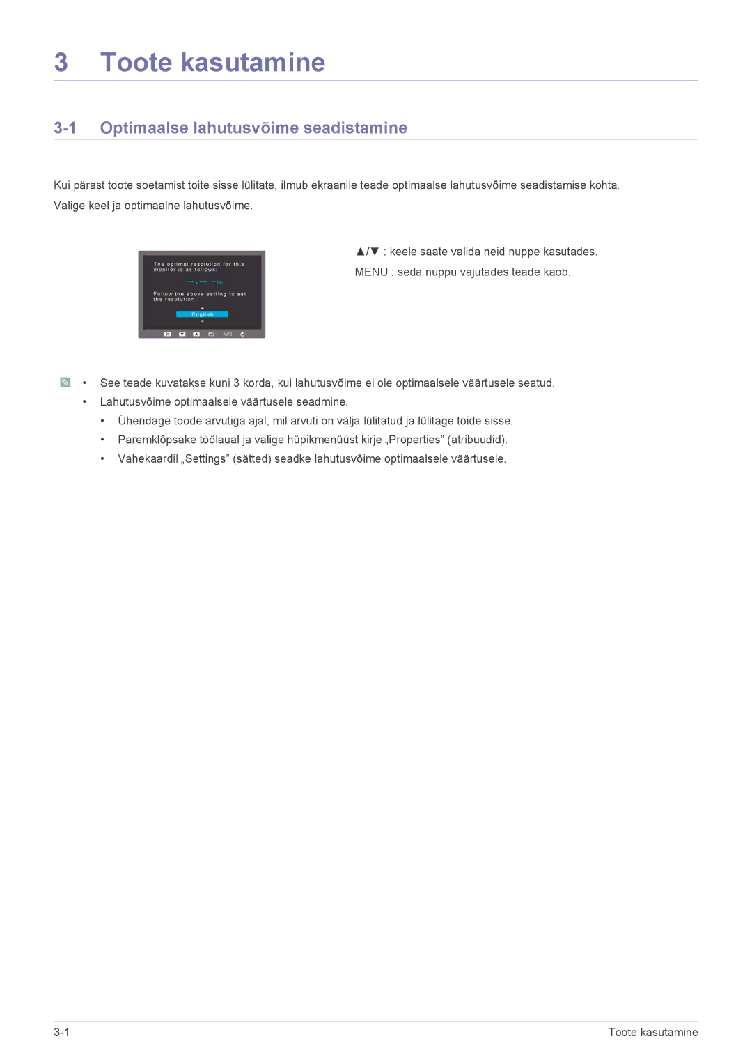 Samsung LS19PUYKF/EN, LS23PUHKF/EN, LS24PULKF/EN, LS20PUYKF/EN manual Toote kasutamine, Optimaalse lahutusvõime seadistamine 