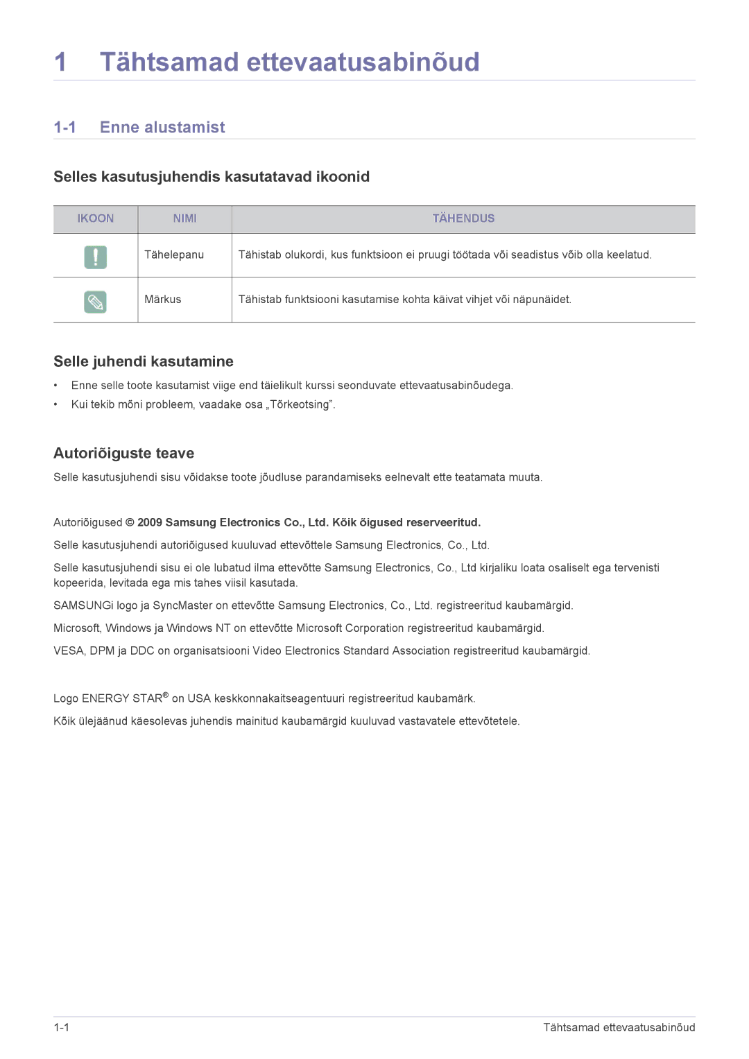 Samsung LS19PUYKFUEN, LS19PUYKF/EN Enne alustamist, Selles kasutusjuhendis kasutatavad ikoonid, Selle juhendi kasutamine 