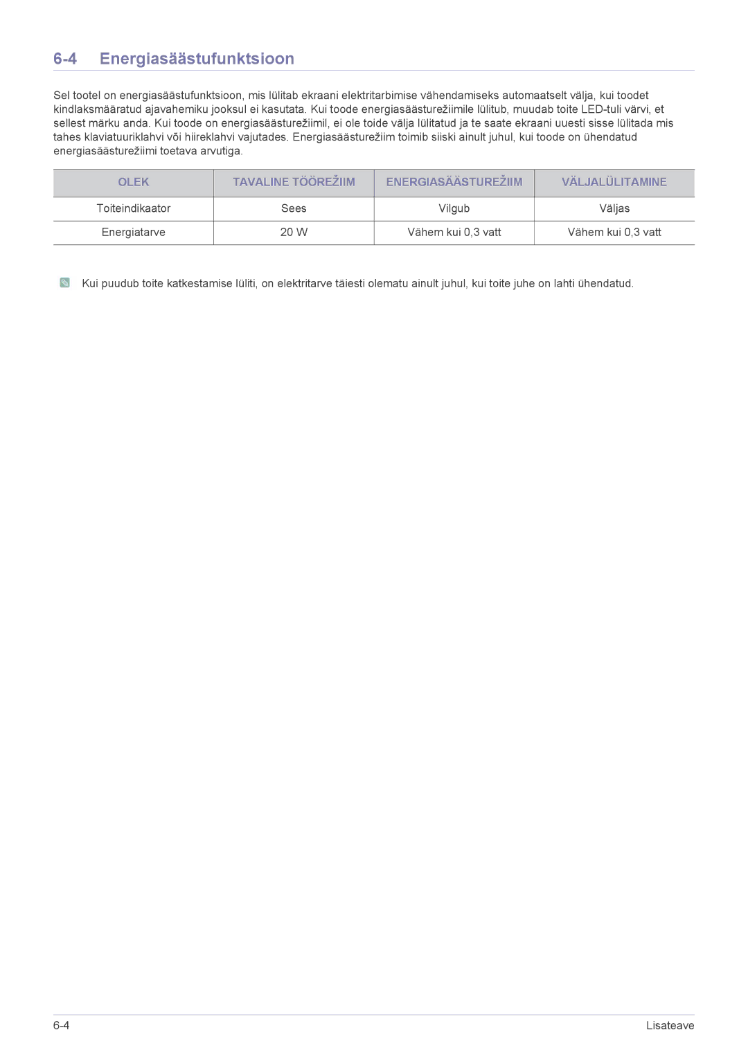 Samsung LS19PUYKF/EN, LS23PUHKF/EN, LS24PULKF/EN, LS20PUYKF/EN, LS19PUYKFUEN manual Energiasäästufunktsioon 