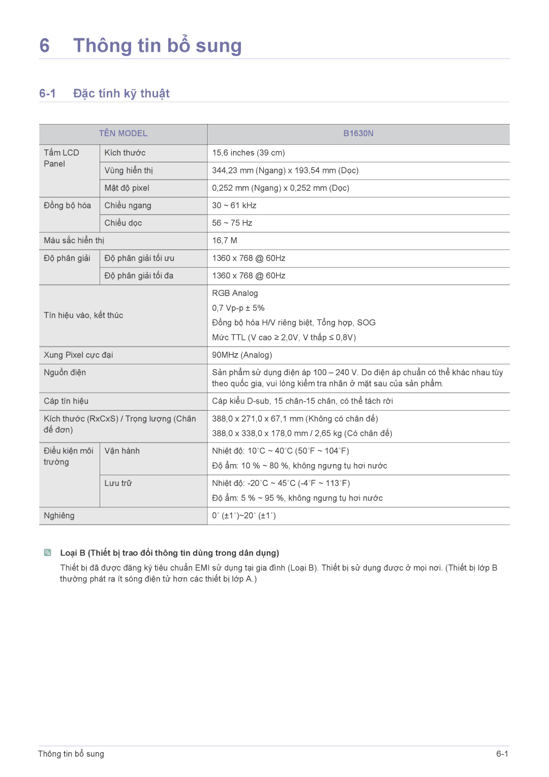 Samsung LS19PUYKFMXV manual Đặc tính kỹ thuật, TÊN Model, B1630N, Loại B Thiết bị trao đổi thông tin dùng trong dân dụng 